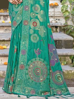Sangam prints teal green silk woven work festival saree 3