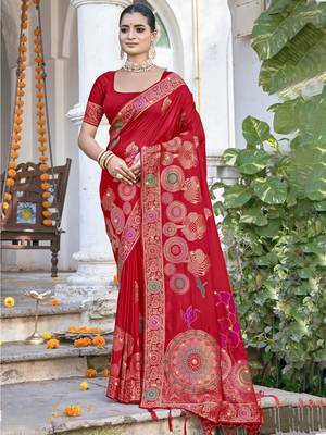 Sangam prints red silk woven work festival saree 1
