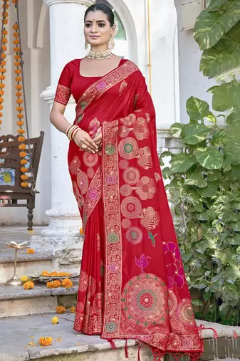 Sangam prints red silk woven work festival saree