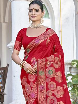 Sangam prints red silk woven work festival saree 2