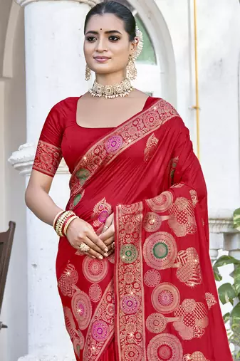 Sangam prints red silk woven work festival saree