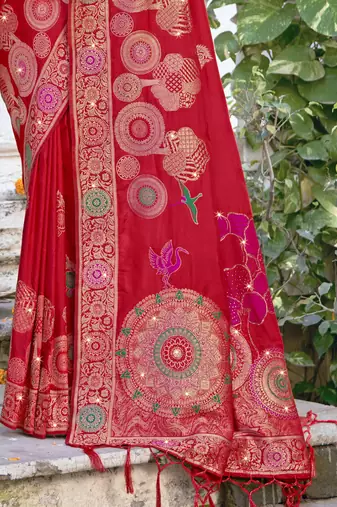 Sangam prints red silk woven work festival saree