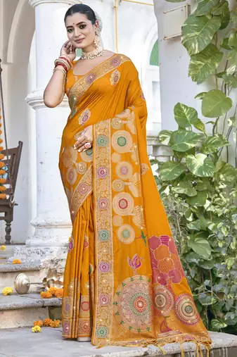 Sangam prints mustard silk woven work festival saree