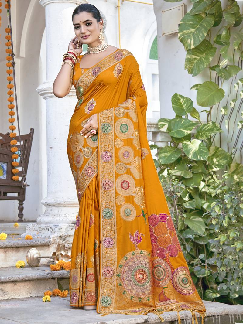 Sangam prints mustard silk woven work festival saree
