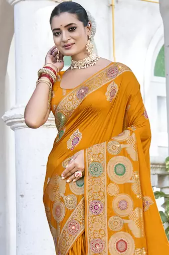 Sangam prints mustard silk woven work festival saree