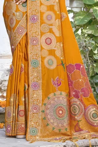 Sangam prints mustard silk woven work festival saree