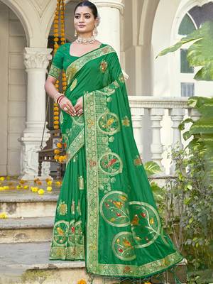 Sangam prints green silk woven work festival saree 1