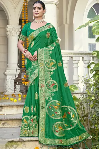 Sangam prints green silk woven work festival saree