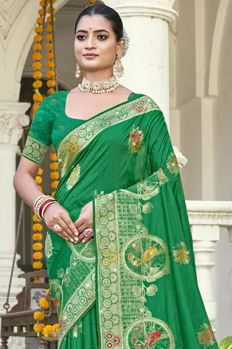 Sangam prints green silk woven work festival saree