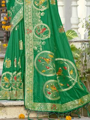 Sangam prints green silk woven work festival saree 3