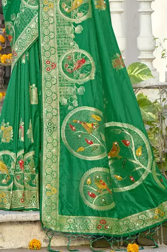 Sangam prints green silk woven work festival saree