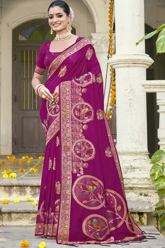 Sangam prints magenta silk woven work festival saree
