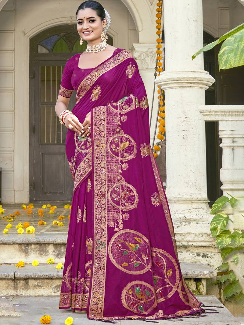 Sangam prints magenta silk woven work festival saree