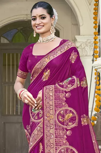 Sangam prints magenta silk woven work festival saree