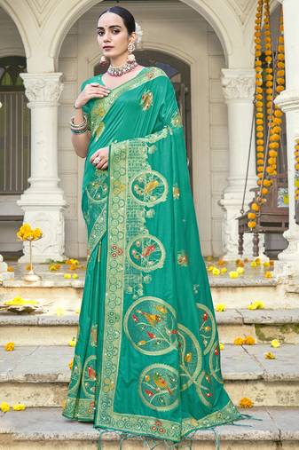 Sangam prints teal green silk woven work festival saree