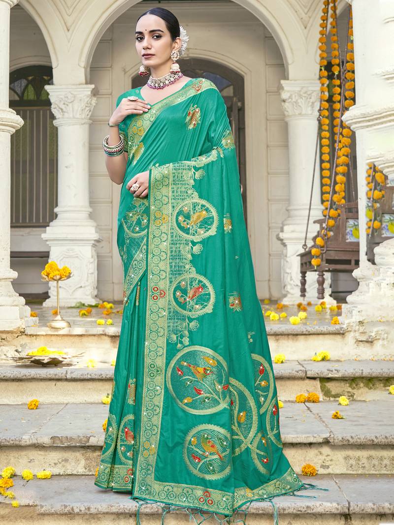 Sangam prints teal green silk woven work festival saree