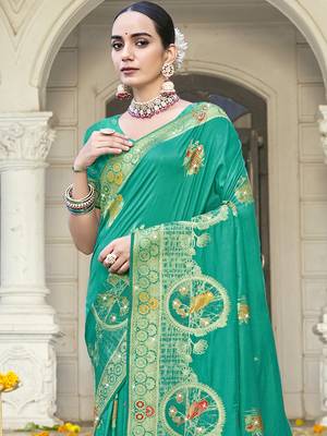 Sangam prints teal green silk woven work festival saree 2