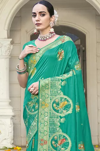 Sangam prints teal green silk woven work festival saree