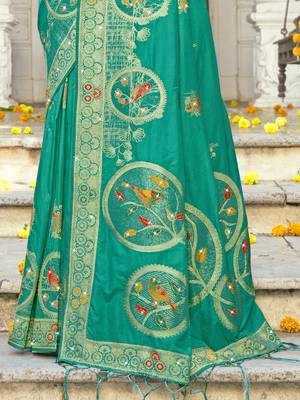 Sangam prints teal green silk woven work festival saree 3