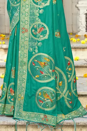 Sangam prints teal green silk woven work festival saree