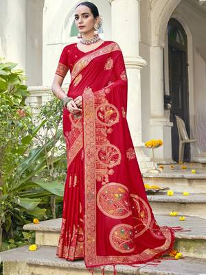 Sangam prints red silk woven work festival saree 1