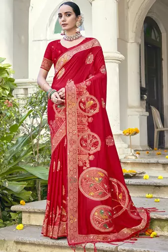 Sangam prints red silk woven work festival saree
