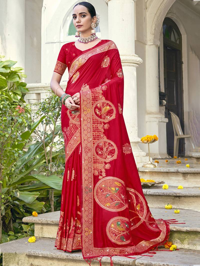 Sangam prints red silk woven work festival saree