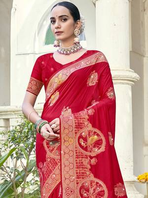 Sangam prints red silk woven work festival saree 2