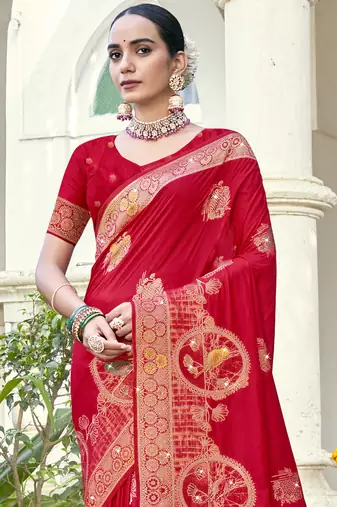 Sangam prints red silk woven work festival saree