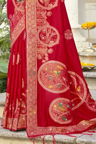 Sangam prints red silk woven work festival saree