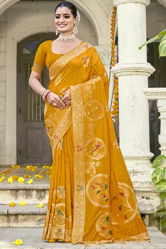 Sangam prints mustard silk woven work festival saree
