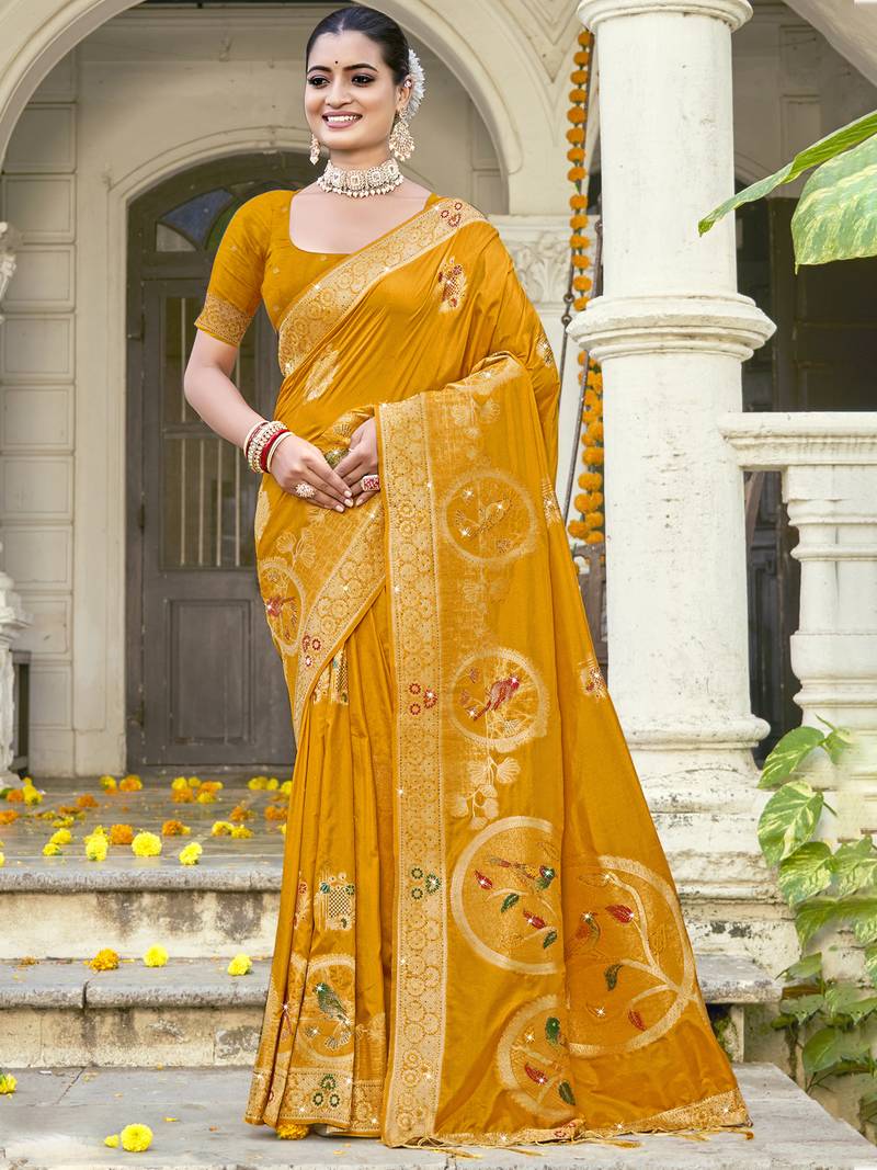 Sangam prints mustard silk woven work festival saree
