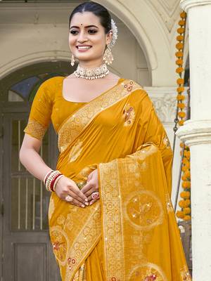 Sangam prints mustard silk woven work festival saree 2