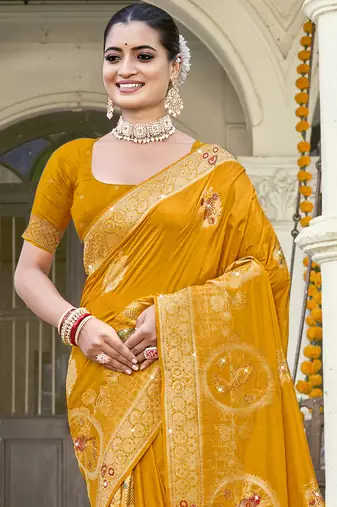 Sangam prints mustard silk woven work festival saree