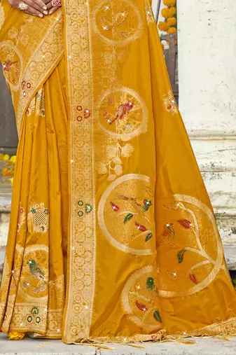 Sangam prints mustard silk woven work festival saree