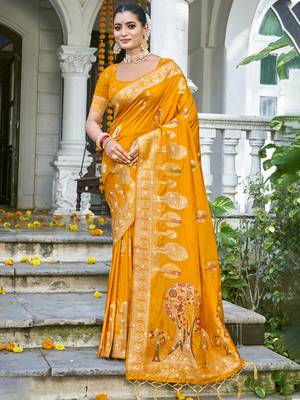 Sangam prints mustard silk woven work festival saree 1