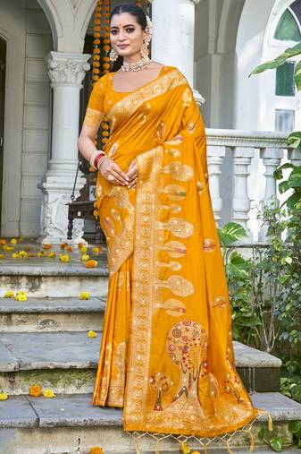 Sangam prints mustard silk woven work festival saree