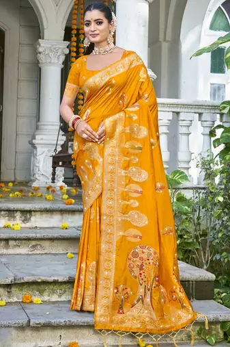 Sangam prints mustard silk woven work festival saree