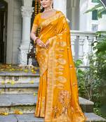 Sangam prints mustard silk woven work festival saree