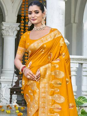 Sangam prints mustard silk woven work festival saree 2