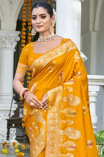 Sangam prints mustard silk woven work festival saree