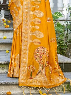 Sangam prints mustard silk woven work festival saree 3