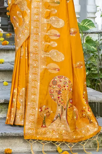 Sangam prints mustard silk woven work festival saree