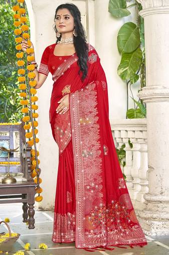 Sangam prints red silk woven work festival saree