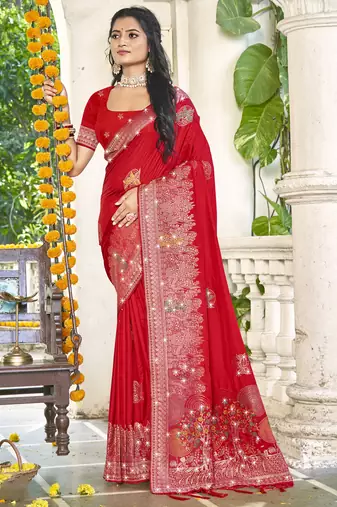 Sangam prints red silk woven work festival saree