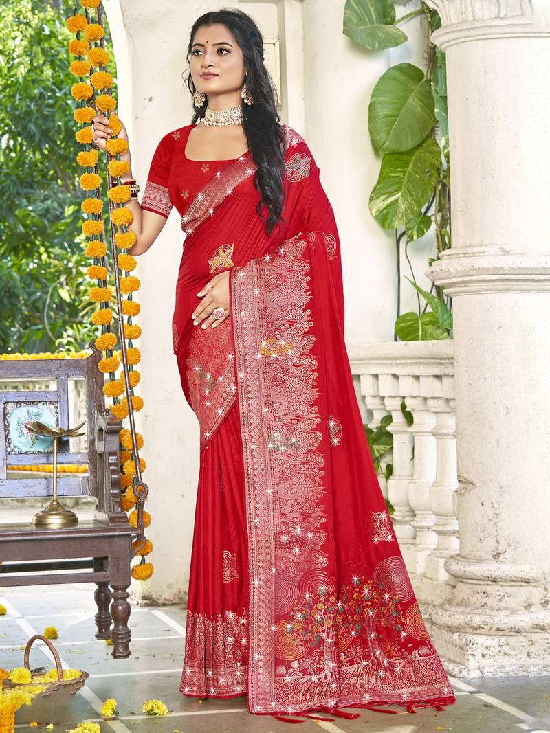 Sangam prints red silk woven work festival saree