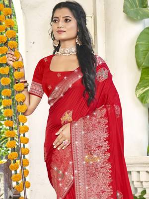 Sangam prints red silk woven work festival saree 2