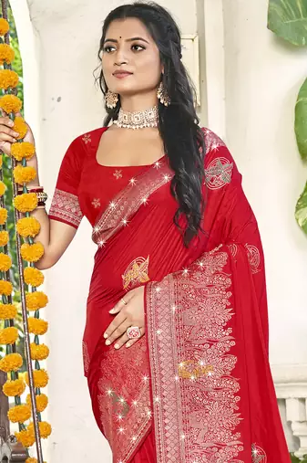Sangam prints red silk woven work festival saree