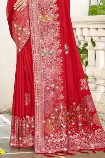 Sangam prints red silk woven work festival saree