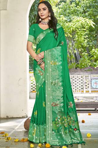 Sangam prints green silk woven work festival saree